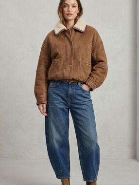 Womens Brown Genuine Suede Shearling Flight Bomber Jacket S